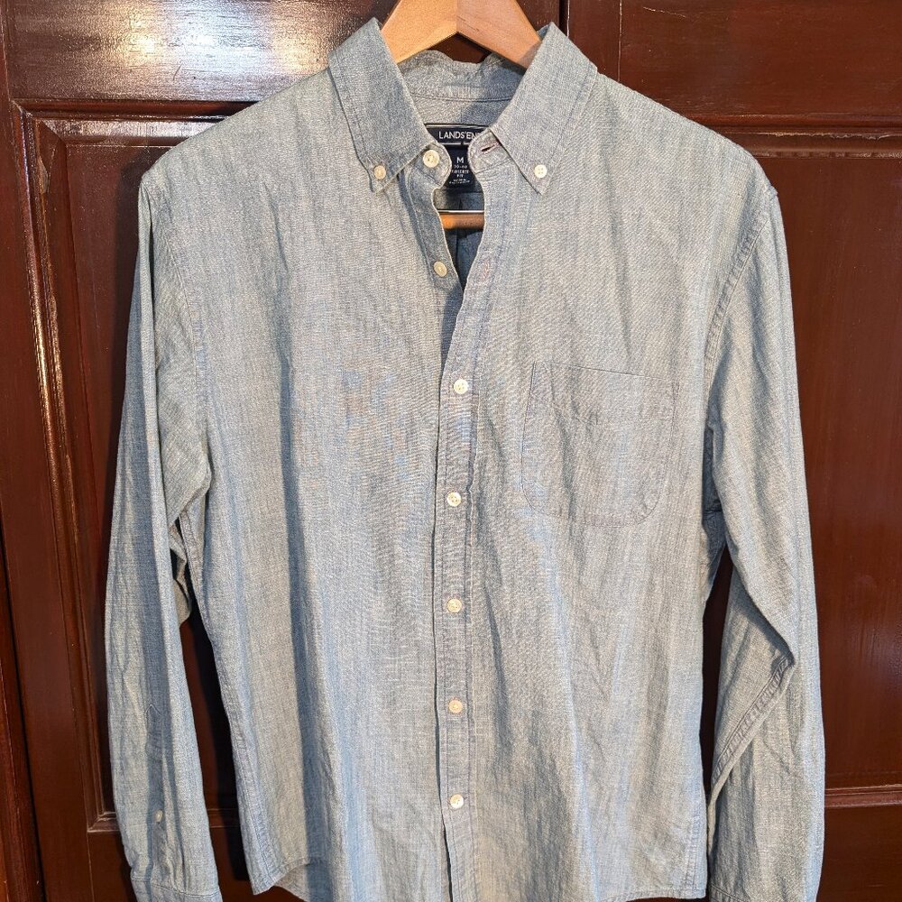 Lands' End Blue Chambray Shirt - Men's M Tailored Fit
